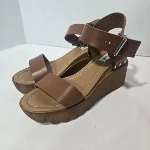 Steve Madden‎ Wooden Keanu Cognac Leather womens Sandel 3.25&quot; Heel sz 7.5