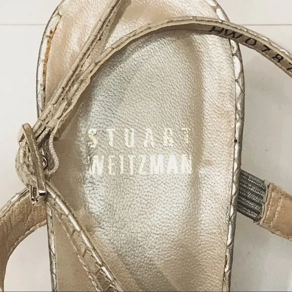 Stuart Weitzman 6 Midtanga Bali Snake Kitten Heel Sandal Champagne Gold Metallic