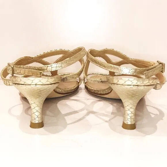 Stuart Weitzman 6 Midtanga Bali Snake Kitten Heel Sandal Champagne Gold Metallic