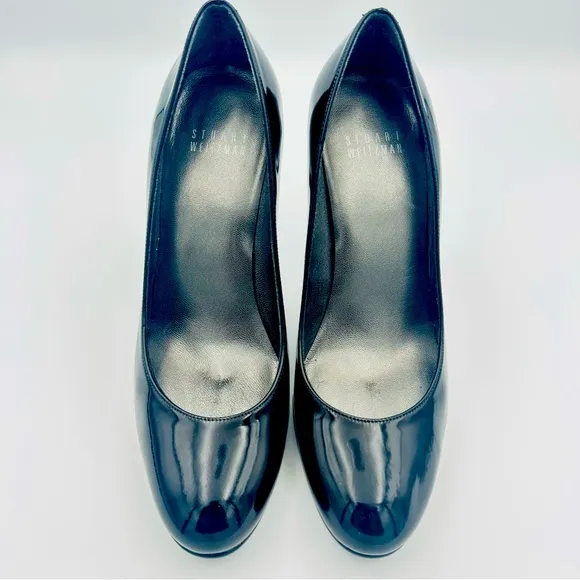 Stuart Weitzman 7 Black Patent Leather Round Toe Stiletto 4.5”Heel 1/2” Platform