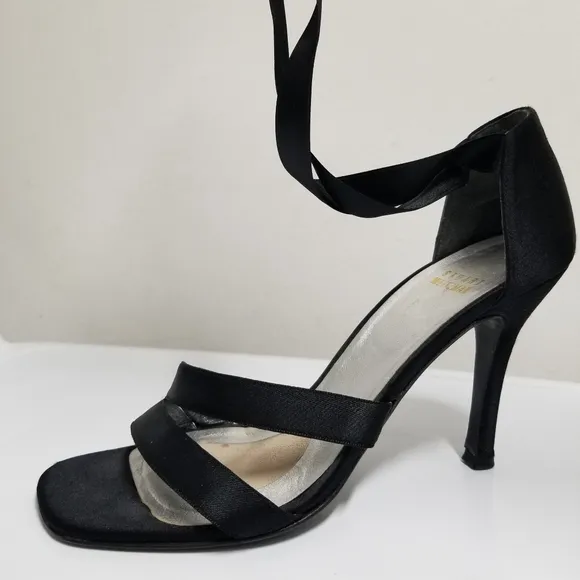 Stuart Weitzman Black Satin &quot;Wrap Me Up&quot; Open Toe Lace Up Heeled Sandals Sz 7½