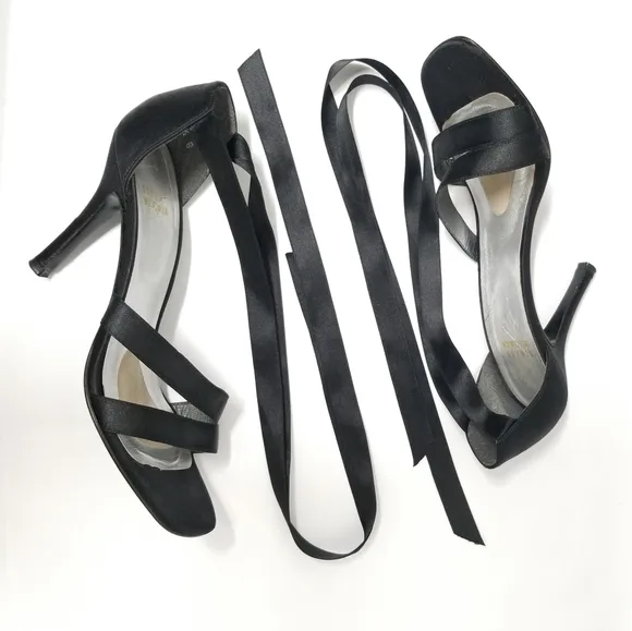 Stuart Weitzman Black Satin &quot;Wrap Me Up&quot; Open Toe Lace Up Heeled Sandals Sz 7½