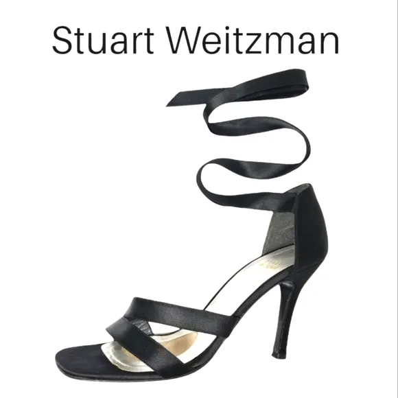 Stuart Weitzman Black Satin &quot;Wrap Me Up&quot; Open Toe Lace Up Heeled Sandals Sz 7½