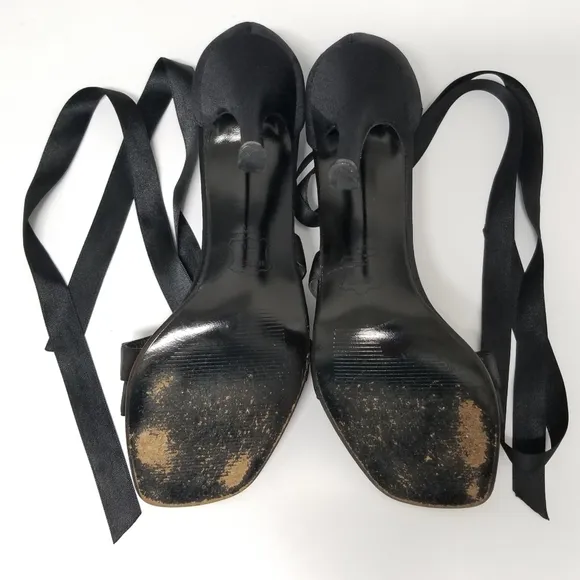 Stuart Weitzman Black Satin &quot;Wrap Me Up&quot; Open Toe Lace Up Heeled Sandals Sz 7½
