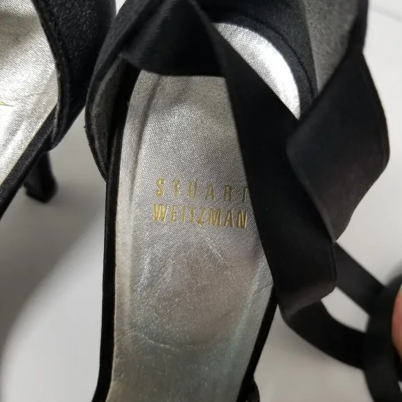 Stuart Weitzman Black Satin &quot;Wrap Me Up&quot; Open Toe Lace Up Heeled Sandals Sz 7½