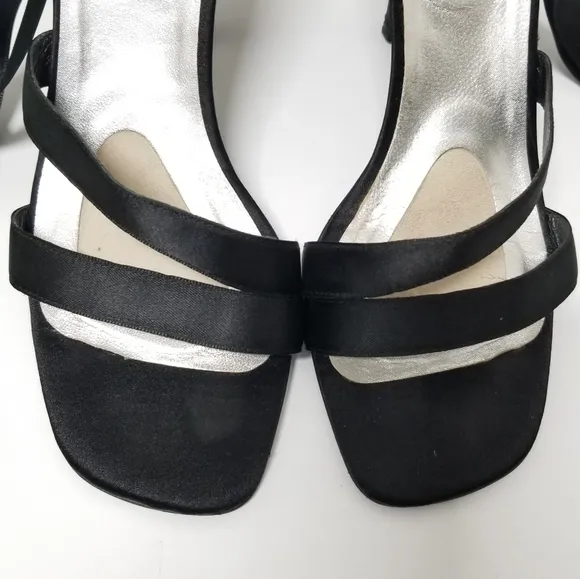 Stuart Weitzman Black Satin &quot;Wrap Me Up&quot; Open Toe Lace Up Heeled Sandals Sz 7½