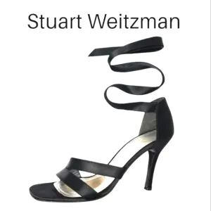 Stuart Weitzman Black Satin &quot;Wrap Me Up&quot; Open Toe Lace Up Heeled Sandals Sz 7½