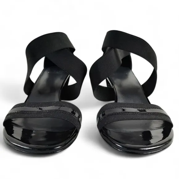 STUART WEITZMAN Criss CROSS Strappy Elastic Block Heel Black Sandals Patent 8.5