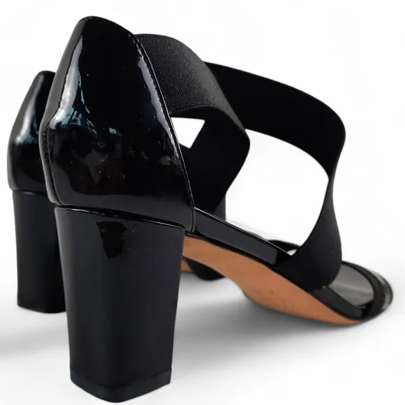STUART WEITZMAN Criss CROSS Strappy Elastic Block Heel Black Sandals Patent 8.5