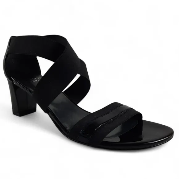 STUART WEITZMAN Criss CROSS Strappy Elastic Block Heel Black Sandals Patent 8.5