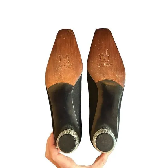 Stuart Weitzman Crystal Diamond Embellished Slim Square Toe Leather Sole Pumps 7