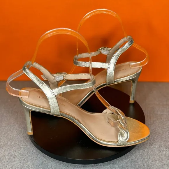 Stuart Weitzman Dancer Twistie 75 Leather Sandal Light Gold ish Silver Size 6