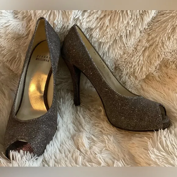 Stuart Weitzman Evebaton Platform Peep Toe Pump Metallic Silver Shimmer size 7.5