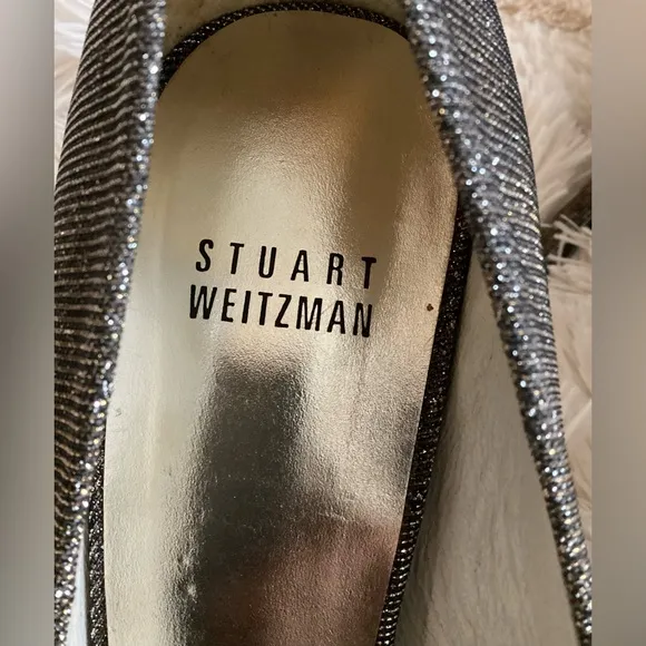 Stuart Weitzman Evebaton Platform Peep Toe Pump Metallic Silver Shimmer size 7.5