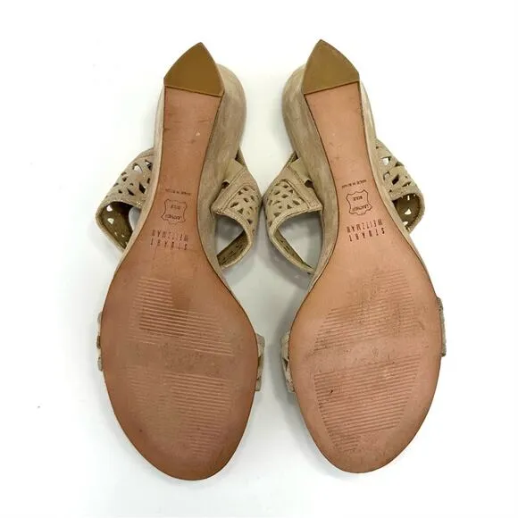STUART WEITZMAN GOLD METALLIC LASER CUT LEATHER W / STUDS OPEN TOE SANDALS PUMPS