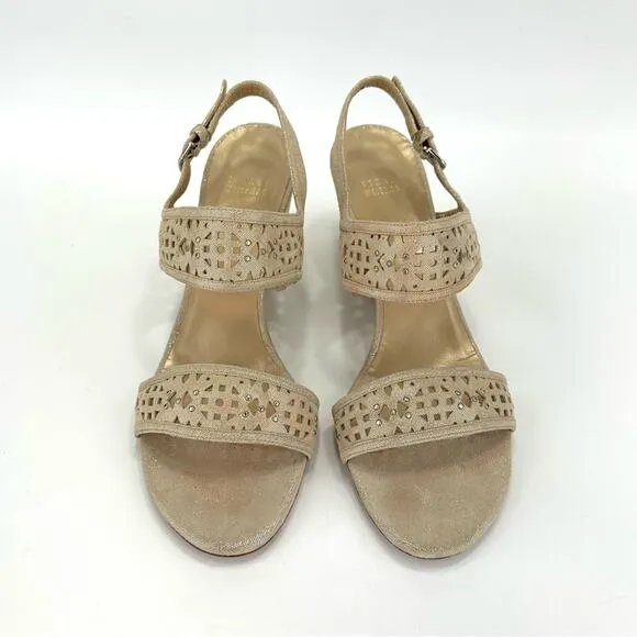 STUART WEITZMAN GOLD METALLIC LASER CUT LEATHER W / STUDS OPEN TOE SANDALS PUMPS