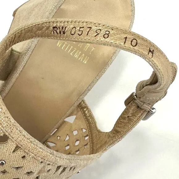 STUART WEITZMAN GOLD METALLIC LASER CUT LEATHER W / STUDS OPEN TOE SANDALS PUMPS