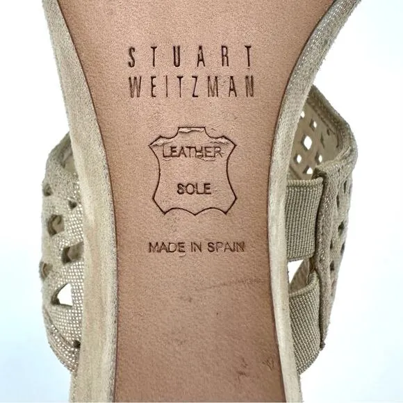 STUART WEITZMAN GOLD METALLIC LASER CUT LEATHER W / STUDS OPEN TOE SANDALS PUMPS