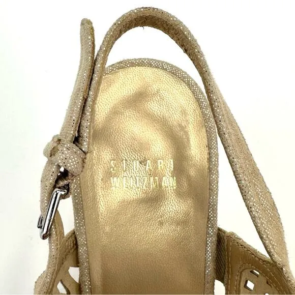 STUART WEITZMAN GOLD METALLIC LASER CUT LEATHER W / STUDS OPEN TOE SANDALS PUMPS