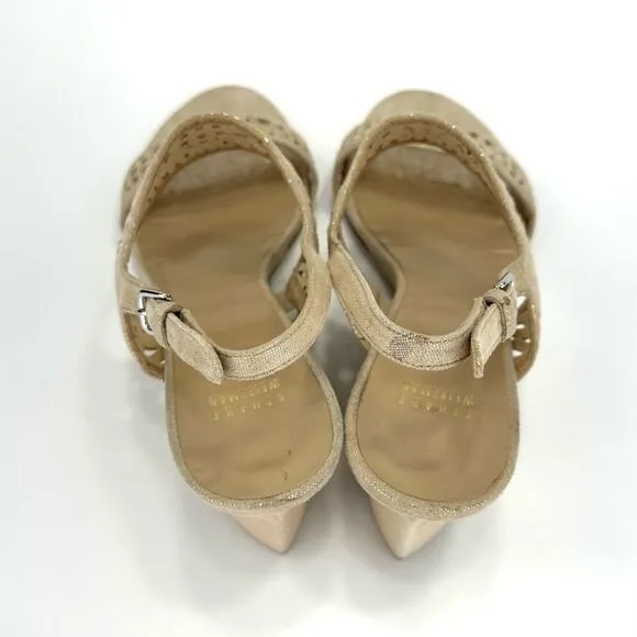 STUART WEITZMAN GOLD METALLIC LASER CUT LEATHER W / STUDS OPEN TOE SANDALS PUMPS