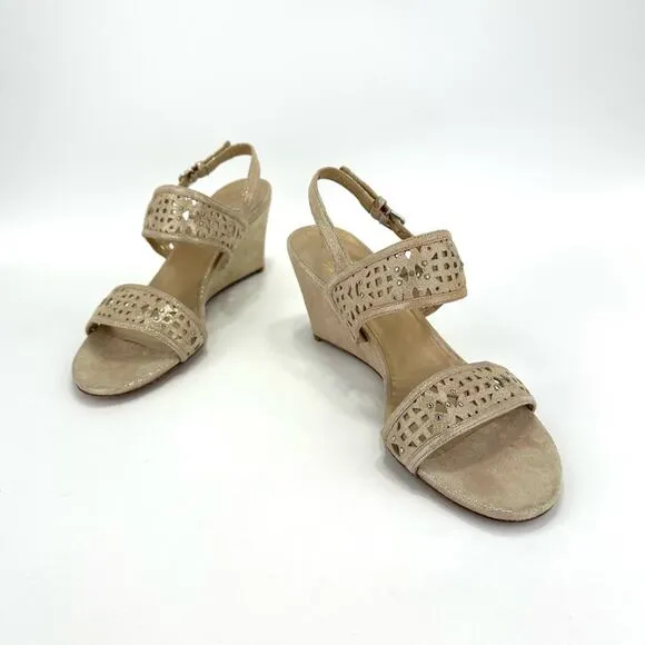 STUART WEITZMAN GOLD METALLIC LASER CUT LEATHER W / STUDS OPEN TOE SANDALS PUMPS