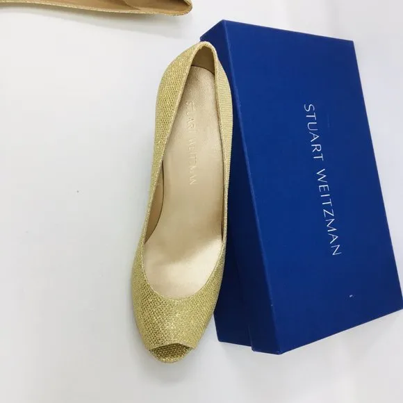 Stuart Weitzman Gold Noir Platform Peep Toe Heels