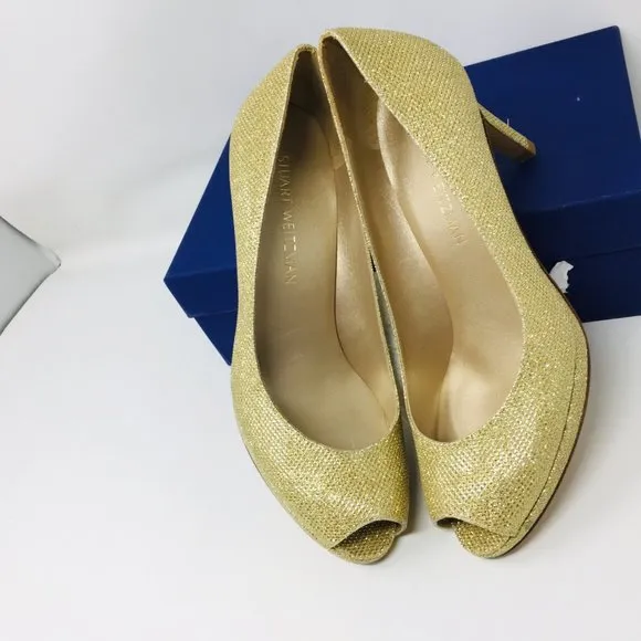 Stuart Weitzman Gold Noir Platform Peep Toe Heels