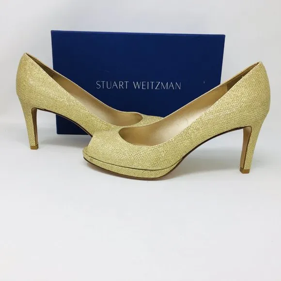 Stuart Weitzman Gold Noir Platform Peep Toe Heels