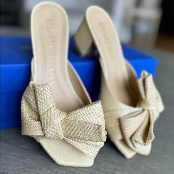 Stuart Weitzman Loveknot Slide Sandal, Wheat Raffia, Size 6.5, EUC