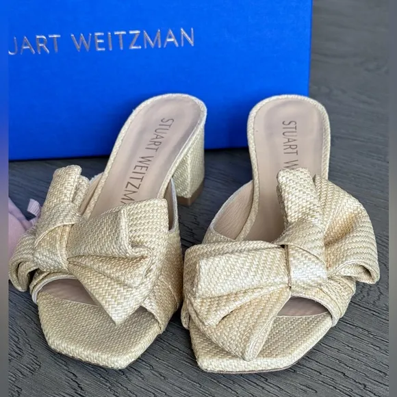 Stuart Weitzman Loveknot Slide Sandal, Wheat Raffia, Size 6.5, EUC