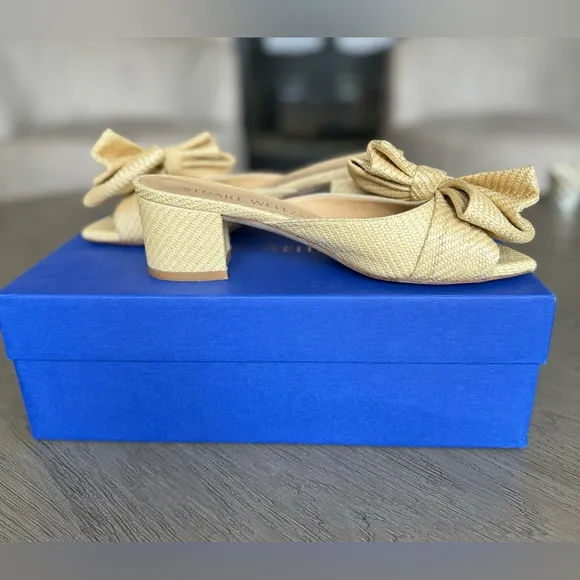Stuart Weitzman Loveknot Slide Sandal, Wheat Raffia, Size 6.5, EUC