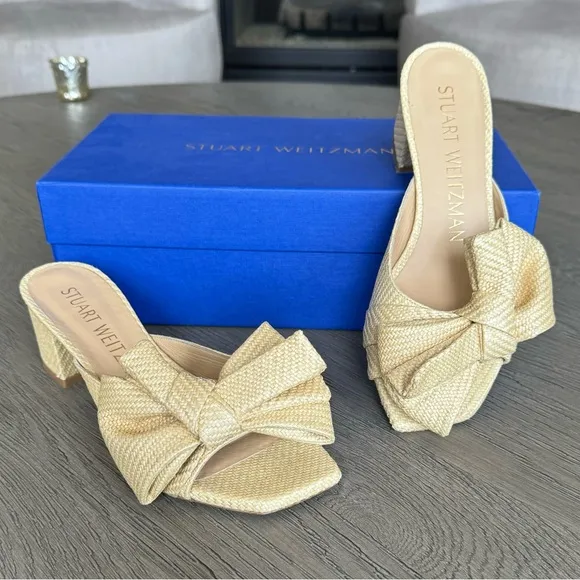 Stuart Weitzman Loveknot Slide Sandal, Wheat Raffia, Size 6.5, EUC