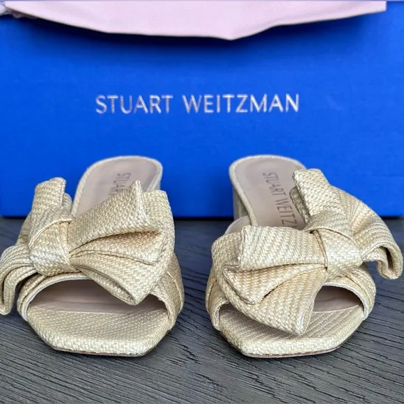 Stuart Weitzman Loveknot Slide Sandal, Wheat Raffia, Size 6.5, EUC