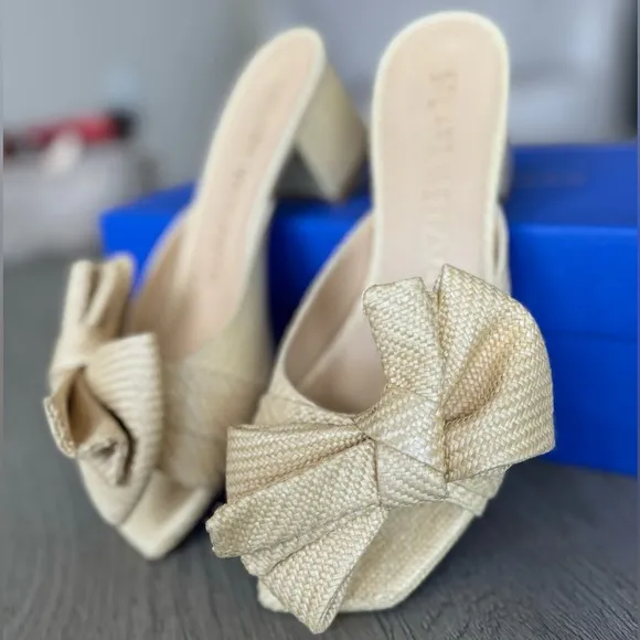 Stuart Weitzman Loveknot Slide Sandal, Wheat Raffia, Size 6.5, EUC