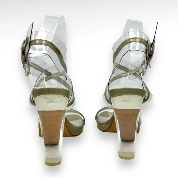 Stuart Weitzman Lucite Sandals Heels Pump Open Toe Ankle Wrap Buckle Y2K Size 7