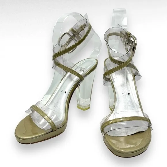 Stuart Weitzman Lucite Sandals Heels Pump Open Toe Ankle Wrap Buckle Y2K Size 7