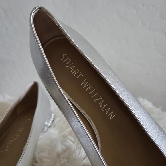 Stuart Weitzman Metallic Simulated Pearl Leather Flats Shoes Size 10.5