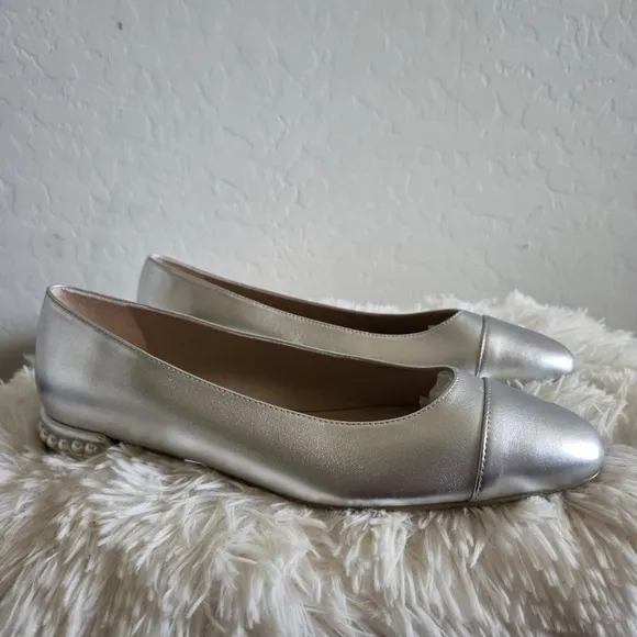 Stuart Weitzman Metallic Simulated Pearl Leather Flats Shoes Size 10.5