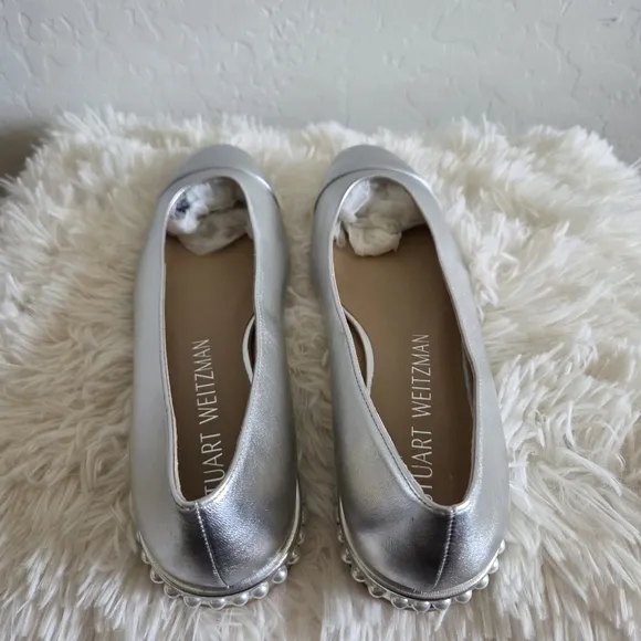 Stuart Weitzman Metallic Simulated Pearl Leather Flats Shoes Size 10.5