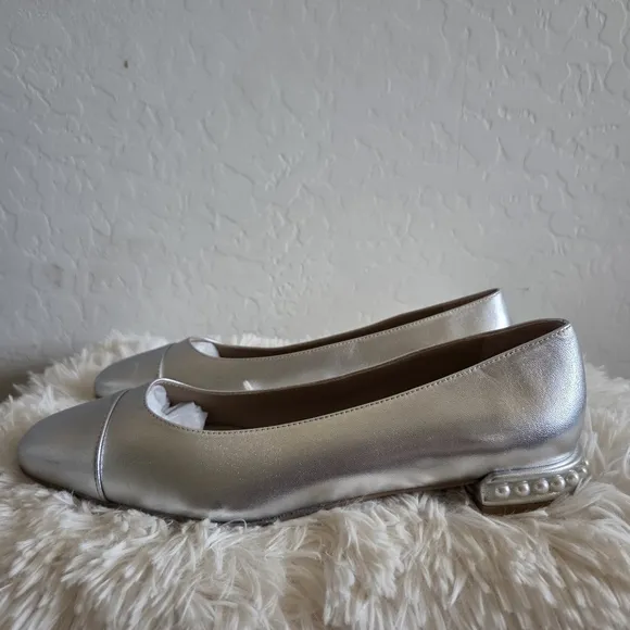 Stuart Weitzman Metallic Simulated Pearl Leather Flats Shoes Size 10.5