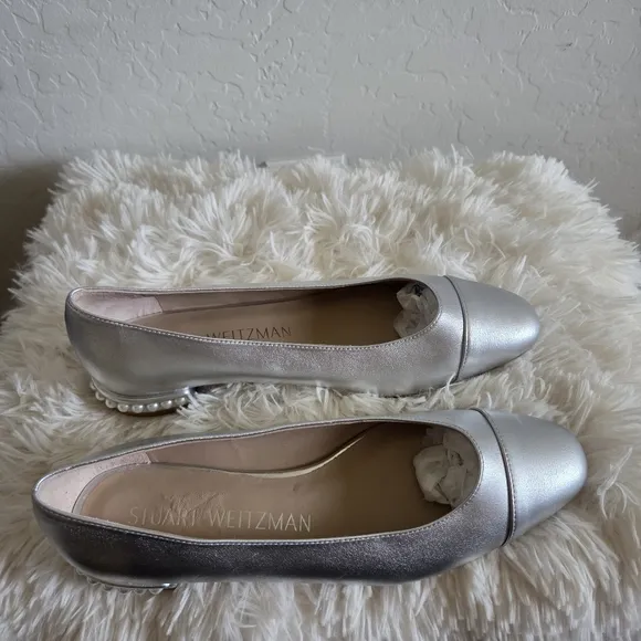Stuart Weitzman Metallic Simulated Pearl Leather Flats Shoes Size 10.5
