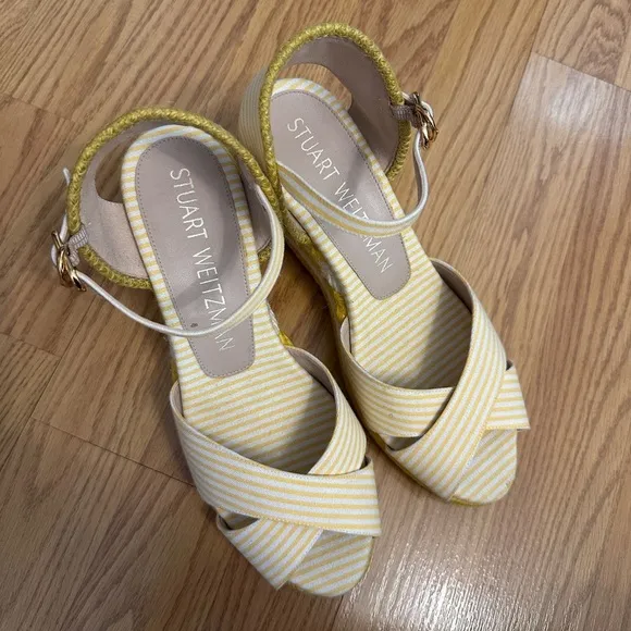 Stuart Weitzman Mirela Striped Wedge Espadrilles Yellow White Womens Size 7.5