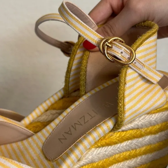 Stuart Weitzman Mirela Striped Wedge Espadrilles Yellow White Womens Size 7.5