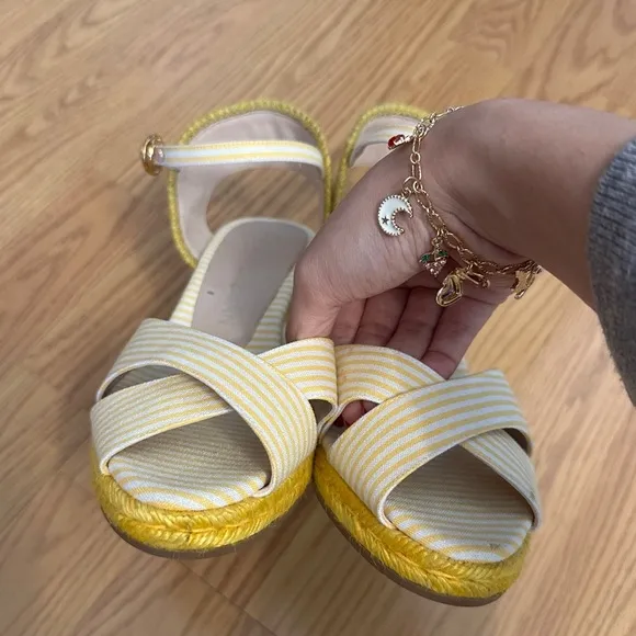 Stuart Weitzman Mirela Striped Wedge Espadrilles Yellow White Womens Size 7.5