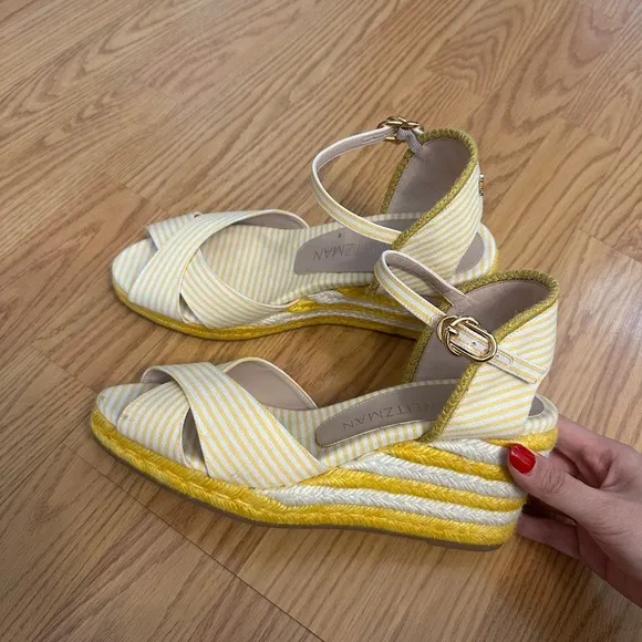 Stuart Weitzman Mirela Striped Wedge Espadrilles Yellow White Womens Size 7.5