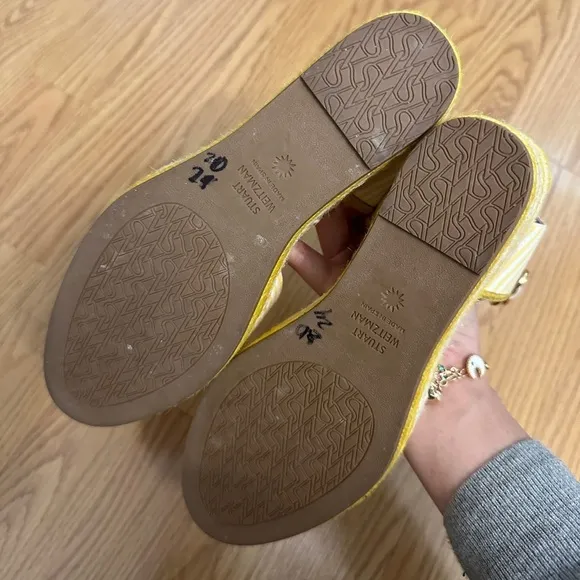 Stuart Weitzman Mirela Striped Wedge Espadrilles Yellow White Womens Size 7.5