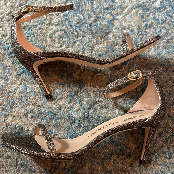 Stuart Weitzman Nudist Curve Square Toe Glitter High Heel Sandals *Like-New*