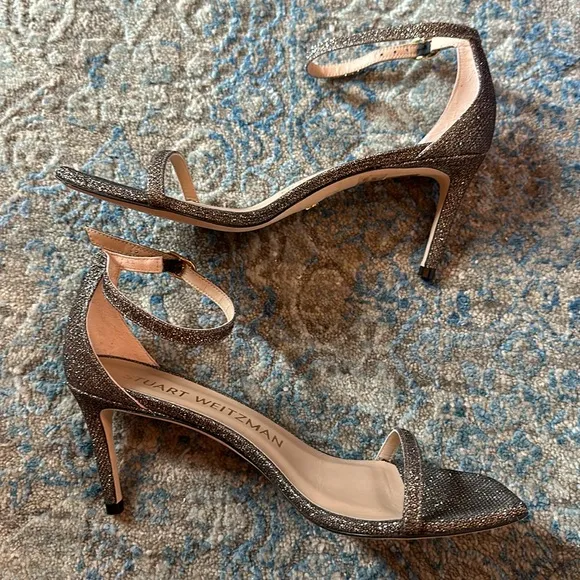 Stuart Weitzman Nudist Curve Square Toe Glitter High Heel Sandals *Like-New*