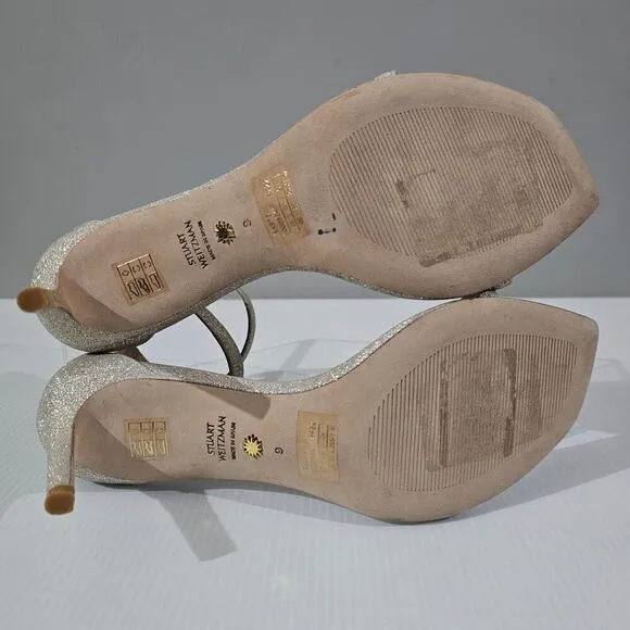 Stuart Weitzman Nudistcurve 75 Sandal Strappy Heel Platinum Glitter Size 9