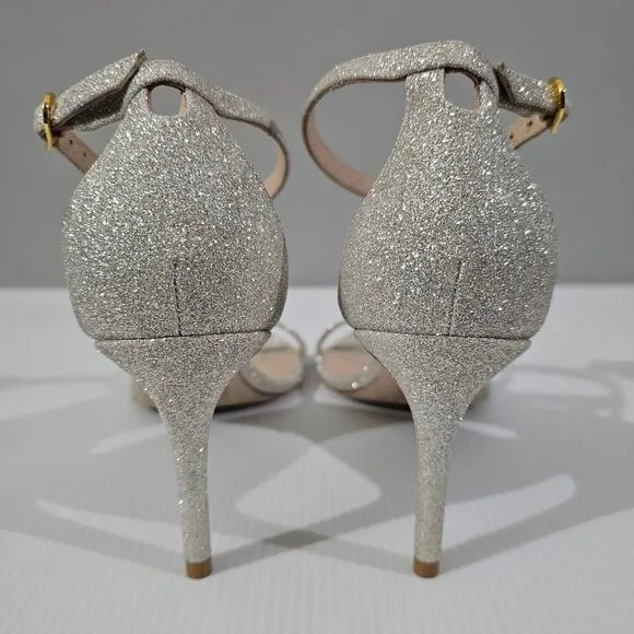 Stuart Weitzman Nudistcurve 75 Sandal Strappy Heel Platinum Glitter Size 9